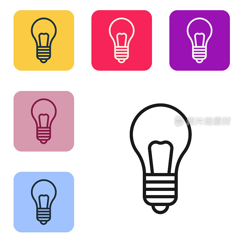 Black line Light bulb with concept of idea icon isolated on white background. Energy and idea symbol. Inspiration concept. Set icons in color square buttons. Vector Illustration